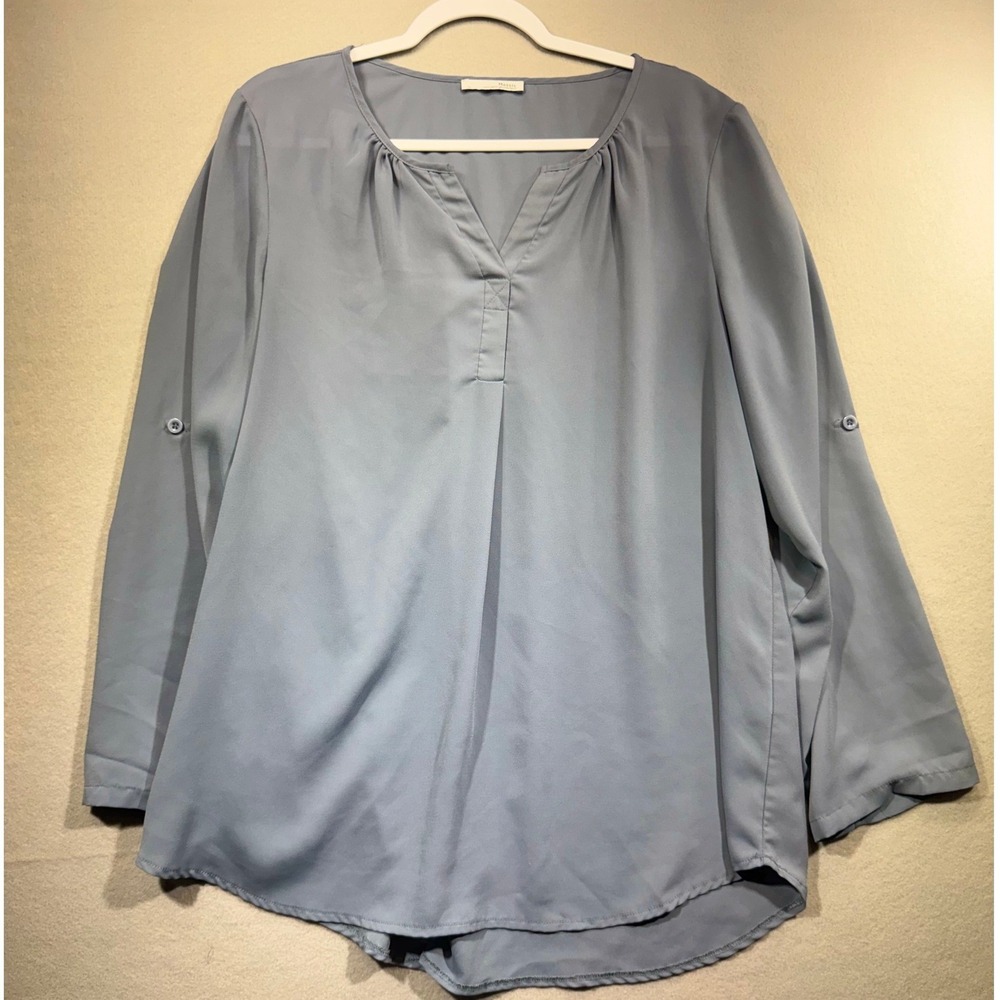 Messic Womens Blue Split V Neck Roll Tab Long Sleeve Pleated Blouse XL